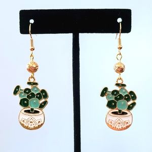 Handmade Cute Dangling Enamel Jade Plant Tree Pendant Earrings w/ Gold Hooks